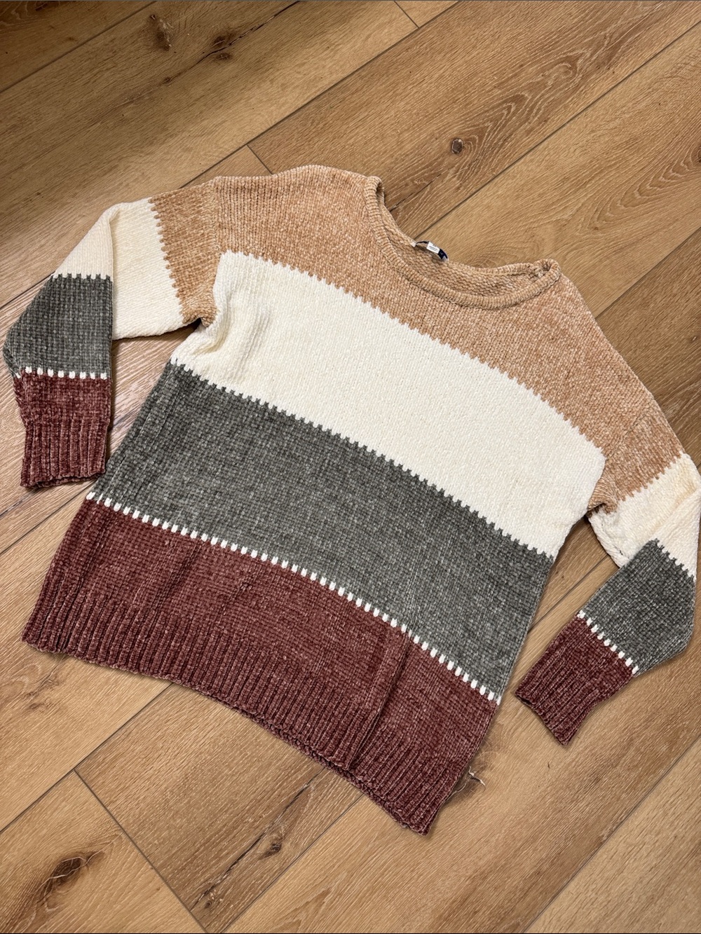 She + Sky Striped Crewneck Sweater in Cream, Tan, Gray & Rust
5 for $25